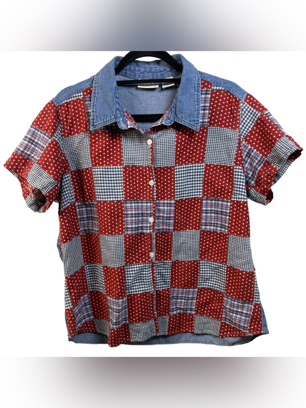 Vintage Short-Sleeve Patchwork Button-Down Shirt in Red and Blue